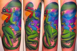 Frog with back ground colorful tree and in memory of Dadsleeve tattoo idea