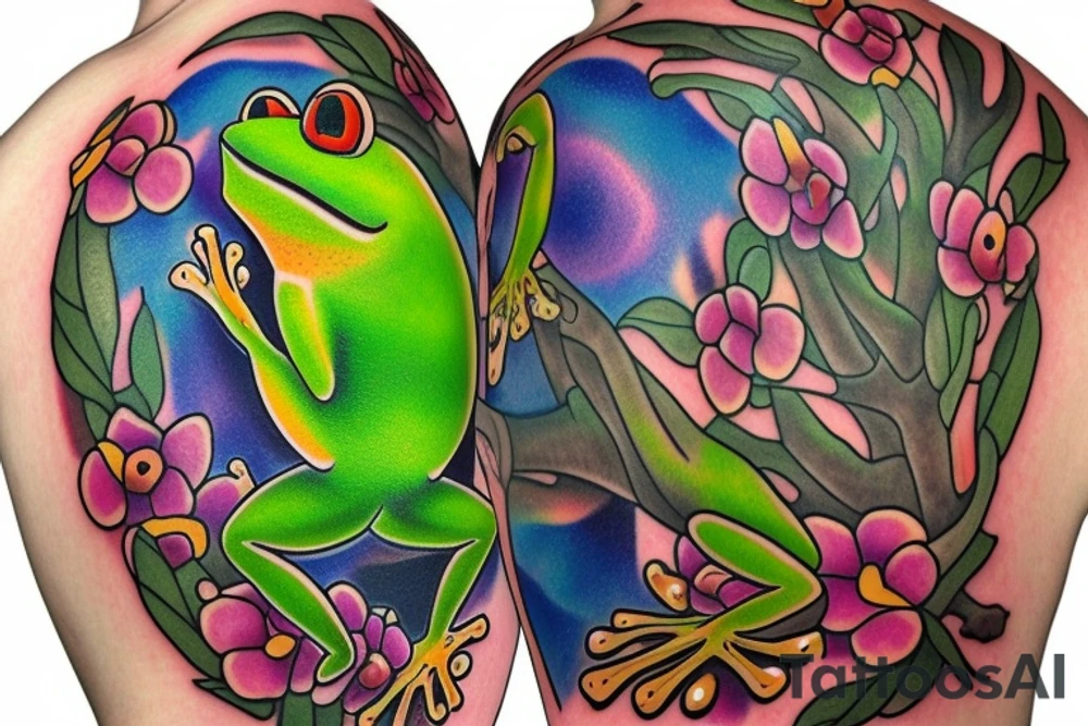 Frog with back ground colorful tree and in memory of Dadsleeve tattoo idea