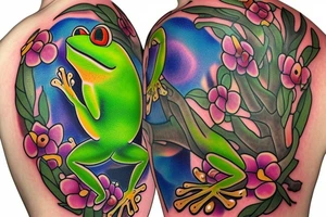 Frog with back ground colorful tree and in memory of Dadsleeve tattoo idea