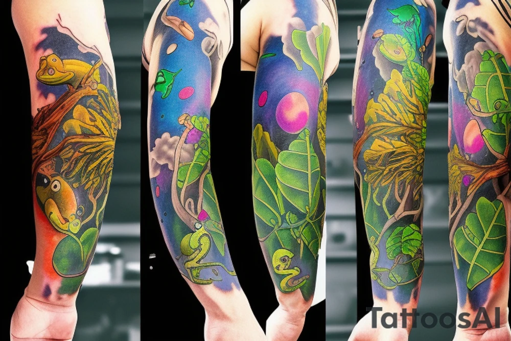 Frog with back ground colorful tree and in memory of Dad sleeve tattoo idea