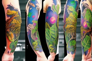 Frog with back ground colorful tree and in memory of Dad sleeve tattoo idea