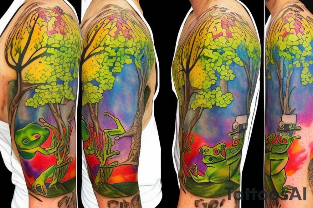 Frog with back ground colorful tree and in memory of Dad sleeve tattoo idea