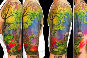 Frog with back ground colorful tree and in memory of Dad sleeve tattoo idea