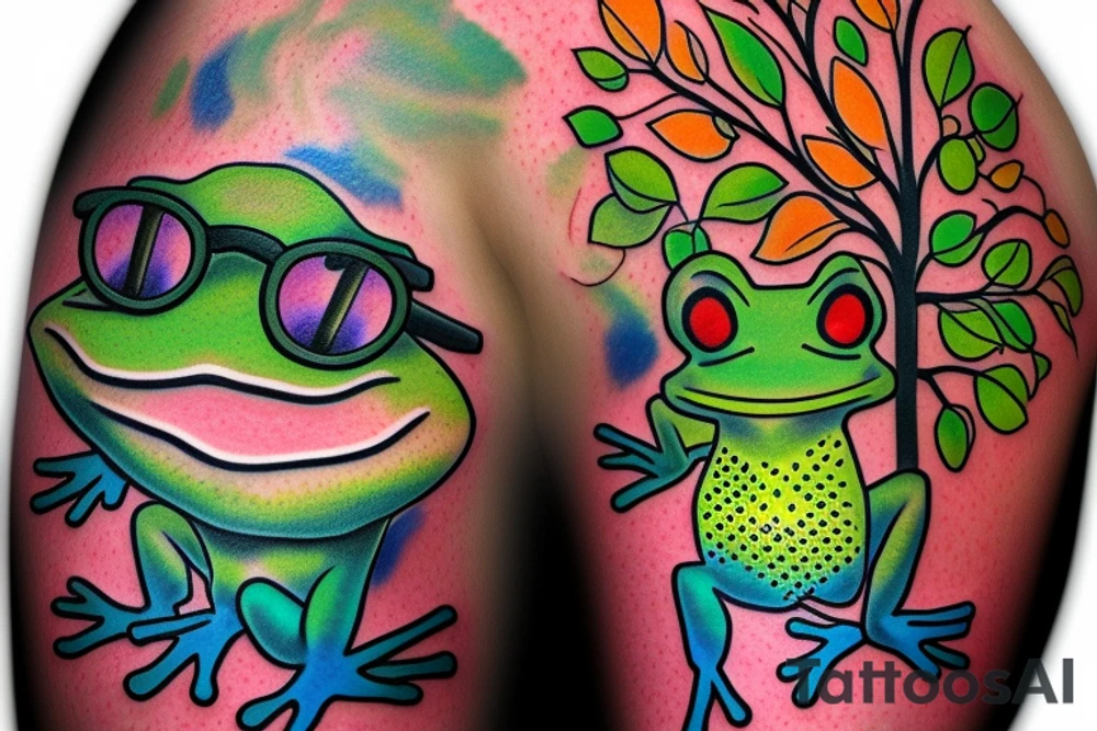 Frog with glasses 
with back ground colorful tree and in memory of Dad sleeve tattoo idea
