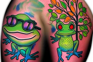 Frog with glasses 
with back ground colorful tree and in memory of Dad sleeve tattoo idea