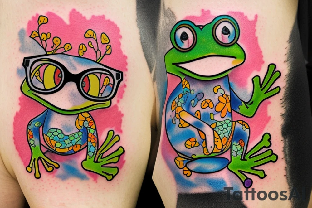 Frog with glasses 
with back ground colorful tree and in memory of Dad sleeve tattoo idea