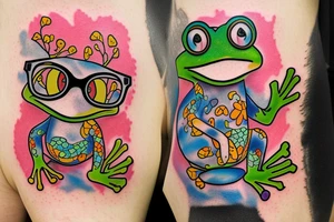 Frog with glasses 
with back ground colorful tree and in memory of Dad sleeve tattoo idea