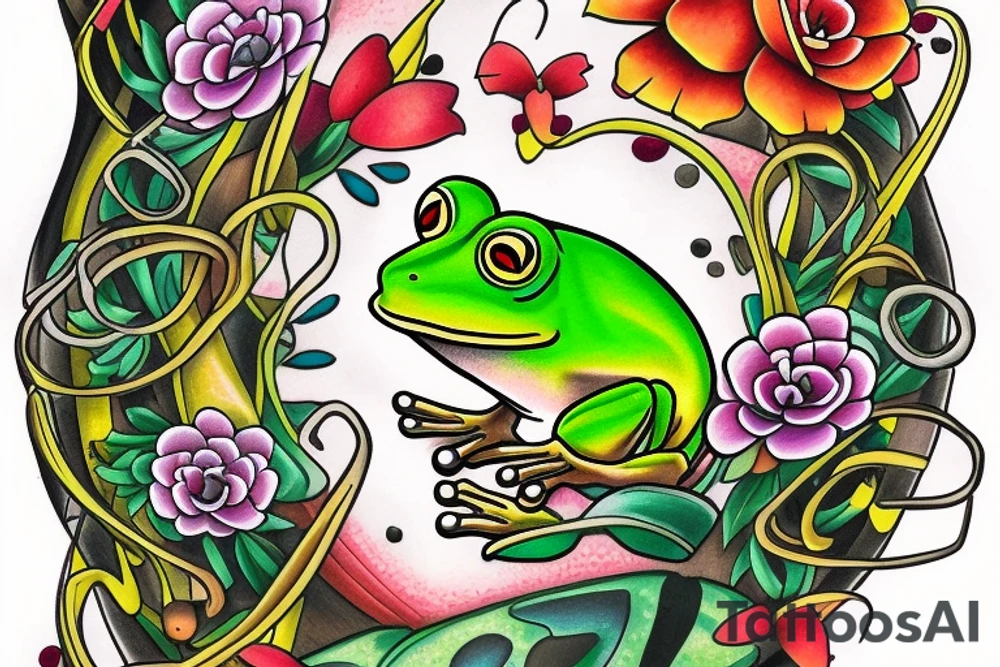 Frog with glasses 
with back ground colorful tree and in memory of Dad sleeve tattoo idea