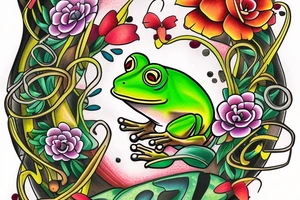 Frog with glasses 
with back ground colorful tree and in memory of Dad sleeve tattoo idea