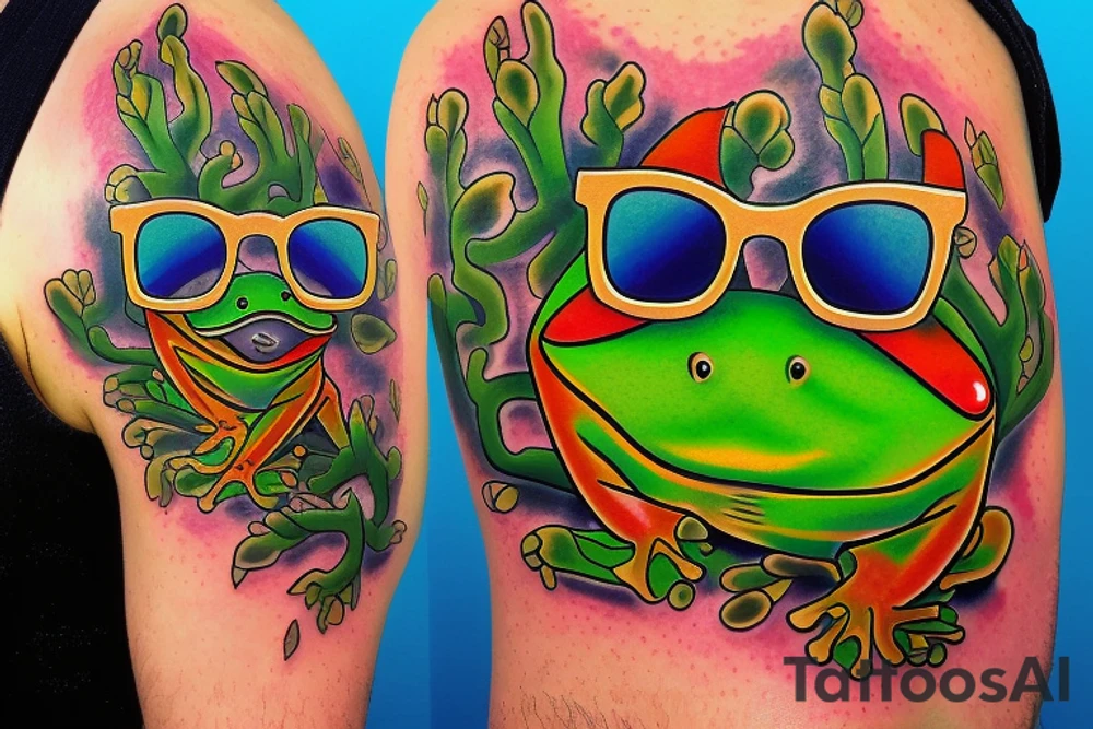 Frog with glasses 
with back ground colorful tree and in memory of Dad sleeve tattoo idea