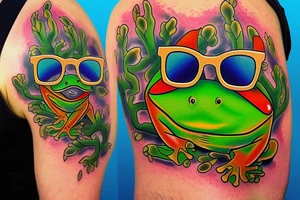 Frog with glasses 
with back ground colorful tree and in memory of Dad sleeve tattoo idea