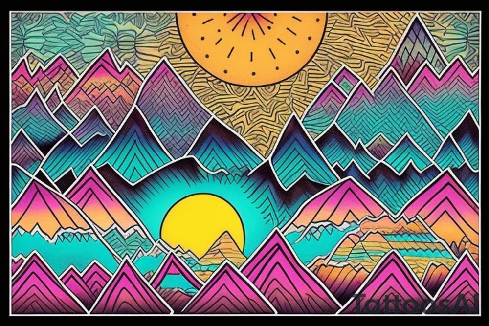 a tribal design that leaves space for a quote.  There should be a mountain, and a sunrise.  It should be bright and colorful tattoo idea