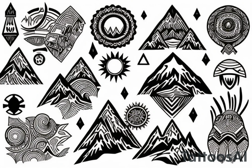 a tribal design that leaves space for a quote.  There should be a mountain, and a sunrise.  It should be bright and colorful tattoo idea