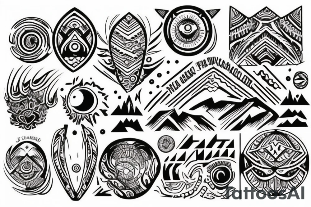 a tribal design that leaves space for a quote.  There should be a mountain, and a sunrise.  It should be bright and colorful tattoo idea
