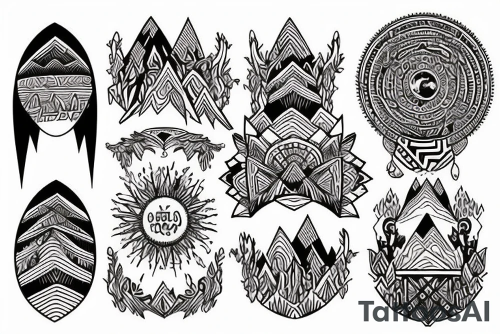 a tribal design that leaves space for a quote.  There should be a mountain, and a sunrise.  It should be bright and colorful tattoo idea