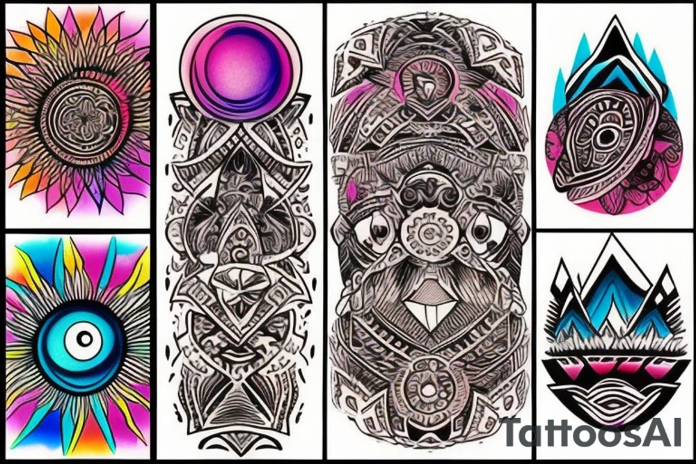 a tribal design that leaves space for a quote.  There should be a mountain, and a sunrise.  It should be bright and colorful tattoo idea