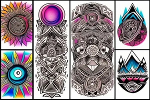 a tribal design that leaves space for a quote.  There should be a mountain, and a sunrise.  It should be bright and colorful tattoo idea