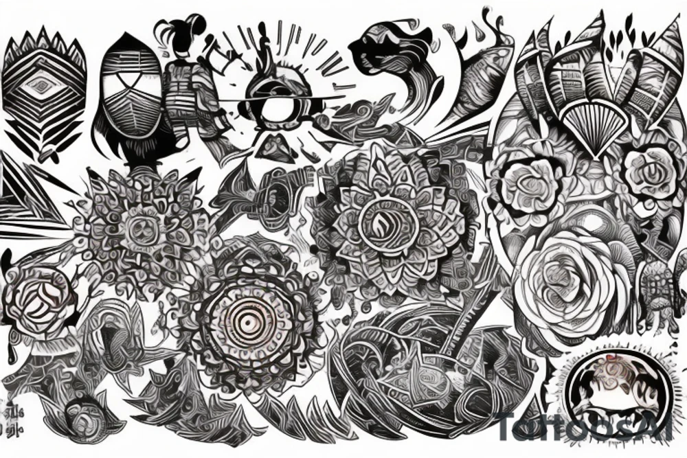 a tribal design that leaves space for a quote.  There should be a mountain, and a sunrise.  It should be bright and colorful tattoo idea