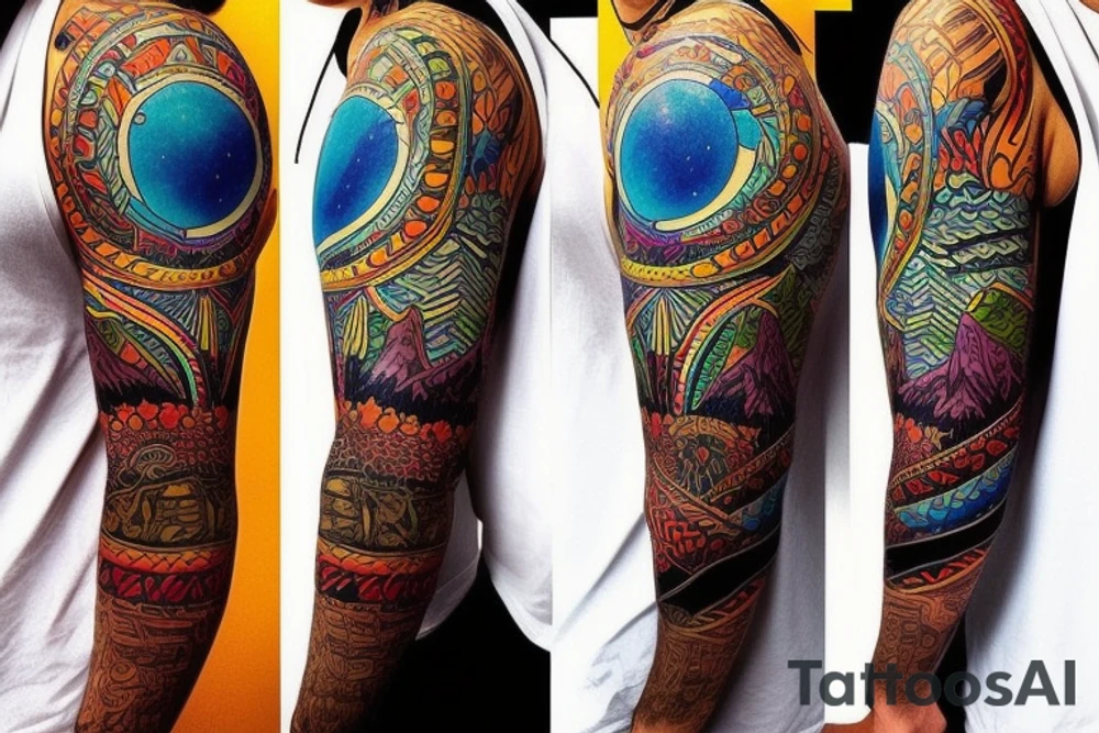 a tribal design that leaves space for a quote.  There should be a mountain, and a sunrise.  It should be bright and colorful tattoo idea