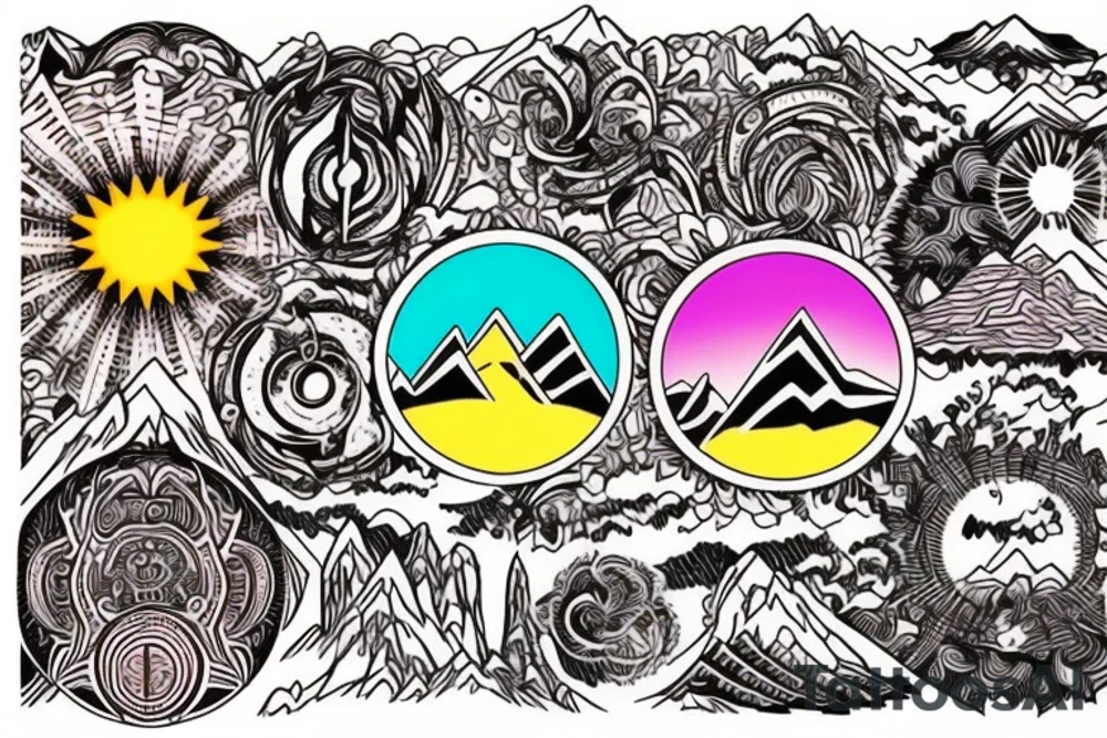 a tribal design that leaves space for a quote.  There should be a mountain, and a sunrise.  It should be bright and colorful tattoo idea