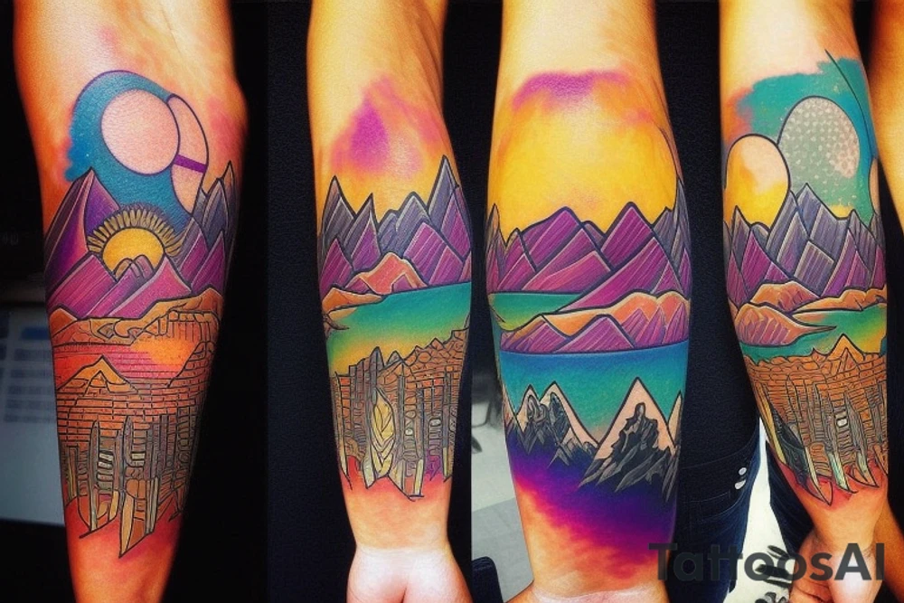 a tribal design that leaves space for a quote.  There should be a mountain, and a sunrise.  It should be bright and colorful tattoo idea