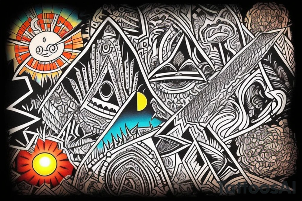 a tribal design that leaves space for a quote.  There should be a mountain, and a sunrise.  It should be bright and colorful tattoo idea