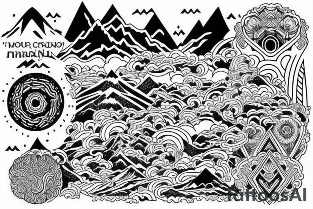a tribal design that leaves space for a quote.  There should be a mountain, and a sunrise.  It should be bright and colorful tattoo idea