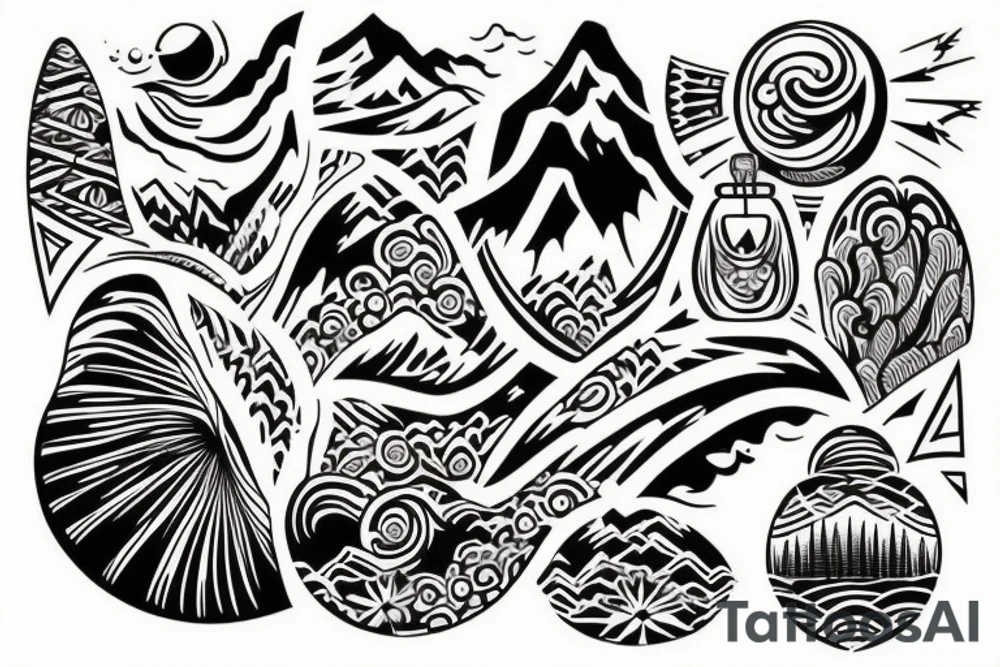 a tribal design that leaves space for a quote.  There should be a mountain, and a sunrise.  It should be bright and colorful tattoo idea