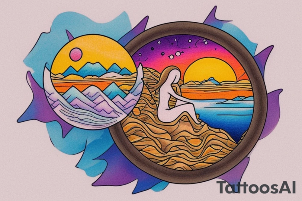 a tattoo design that is circular.  There is a small figure sitting on top of a mountain range, staring out at a lake and a sunrise.  The tattoo is colorful tattoo idea