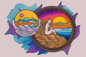 a tattoo design that is circular.  There is a small figure sitting on top of a mountain range, staring out at a lake and a sunrise.  The tattoo is colorful tattoo idea