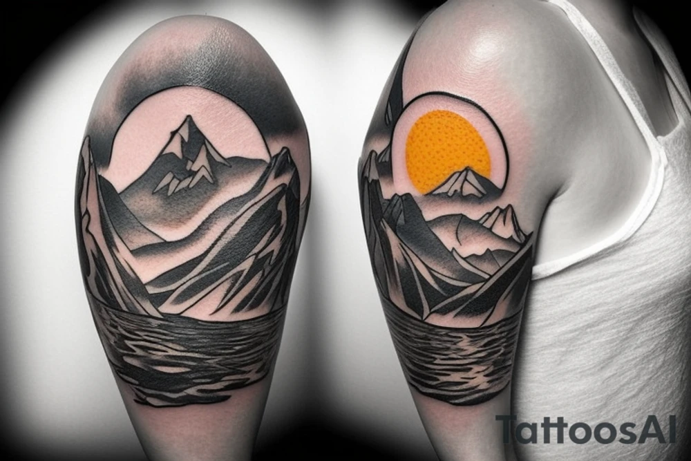 a tattoo design that is circular.  There is a small figure sitting on top of a mountain range, staring out at a lake and a sunrise.  The tattoo is colorful tattoo idea