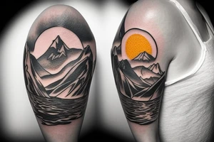 a tattoo design that is circular.  There is a small figure sitting on top of a mountain range, staring out at a lake and a sunrise.  The tattoo is colorful tattoo idea