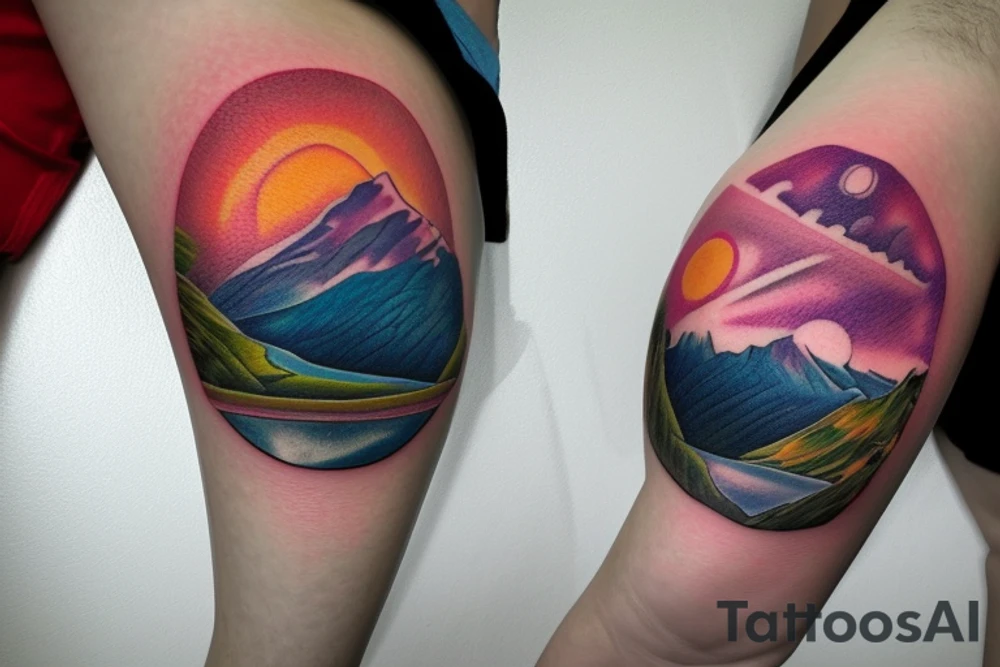 Create a colorful circular tattoo design with photorealistic details. Depict a small figure sitting atop a mountain range, gazing out at a scenic lake and glorious sunrise in the distance. Incorporate vibrant hues and lifelike textures to capture the beauty of nature and convey a sense of tranquility. Use digital art software to refine the design and ensure tattoo idea