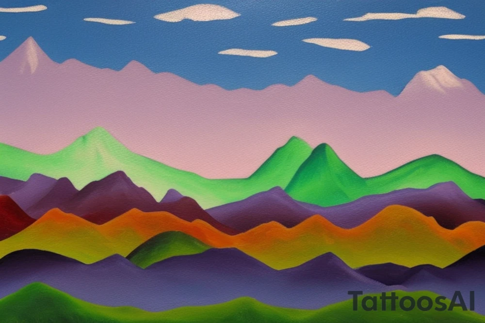 Create an oil painting of a mountain range, where the shape of the mountains reflects the GME 1-year stock price trend. The painting could feature the mountains in vibrant hues of blues, greens, and purples, with the stock price trend depicted more subtly in the texture of the mountain peaks. The finished piece should have a fun, whimsical design. tattoo idea