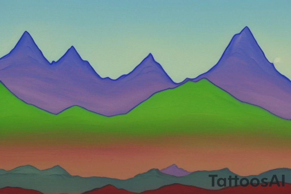 Create an oil painting of a mountain range, where the shape of the mountains reflects the GME 1-year stock price trend. The painting could feature the mountains in vibrant hues of blues, greens, and purples, with the stock price trend depicted more subtly in the texture of the mountain peaks. The finished piece should have a fun, whimsical design. tattoo idea