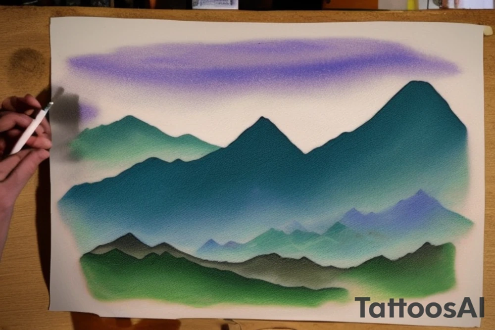 Create an oil painting of a mountain range, where the shape of the mountains reflects the GME 1-year stock price trend. The painting could feature the mountains in vibrant hues of blues, greens, and purples, with the stock price trend depicted more subtly in the texture of the mountain peaks. The finished piece should have a fun, whimsical design. tattoo idea