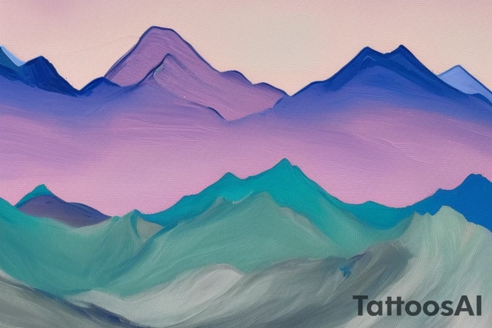 Create an oil painting of a mountain range, where the shape of the mountains reflects the GME 1-year stock price trend. The painting could feature the mountains in vibrant hues of blues, greens, and purples, with the stock price trend depicted more subtly in the texture of the mountain peaks. The finished piece should have a fun, whimsical design. tattoo idea