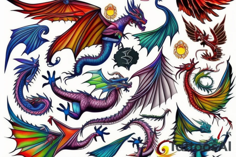 dragon with wings colorful tattoo idea