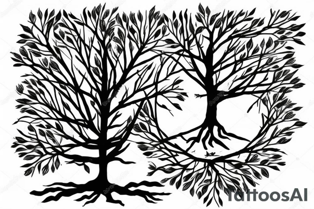 arbre solitaire avec des branches étendues et feuillues, symbolisant la stabilité et l'enracinement tattoo idea