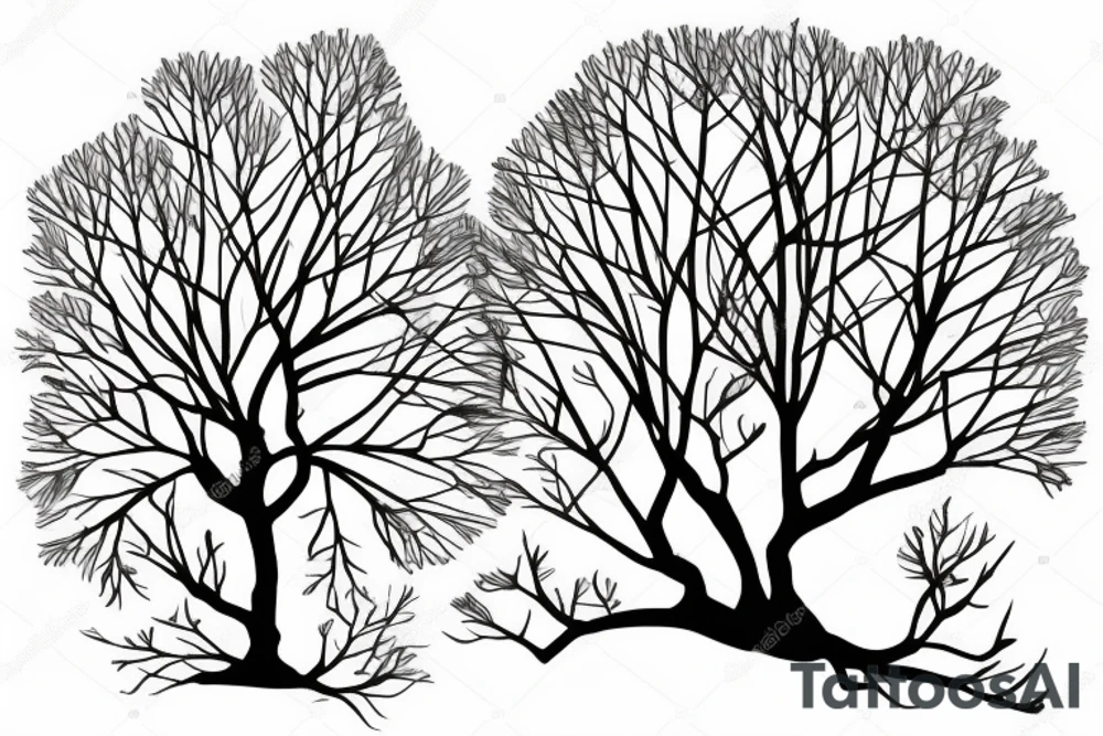 arbre solitaire avec des branches étendues et feuillues, symbolisant la stabilité et l'enracinement tattoo idea
