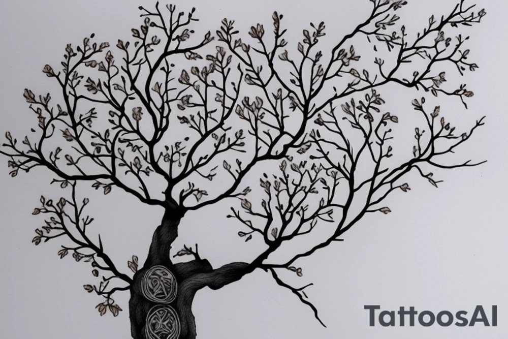 un grand arbre solitaire avec des branches étendues et feuillues, symbolisant la stabilité et l'enracinement. L'arbre est entouré de fleurs colorées, représentant la beauté et la diversité de la vie tattoo idea
