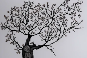 un grand arbre solitaire avec des branches étendues et feuillues, symbolisant la stabilité et l'enracinement. L'arbre est entouré de fleurs colorées, représentant la beauté et la diversité de la vie tattoo idea