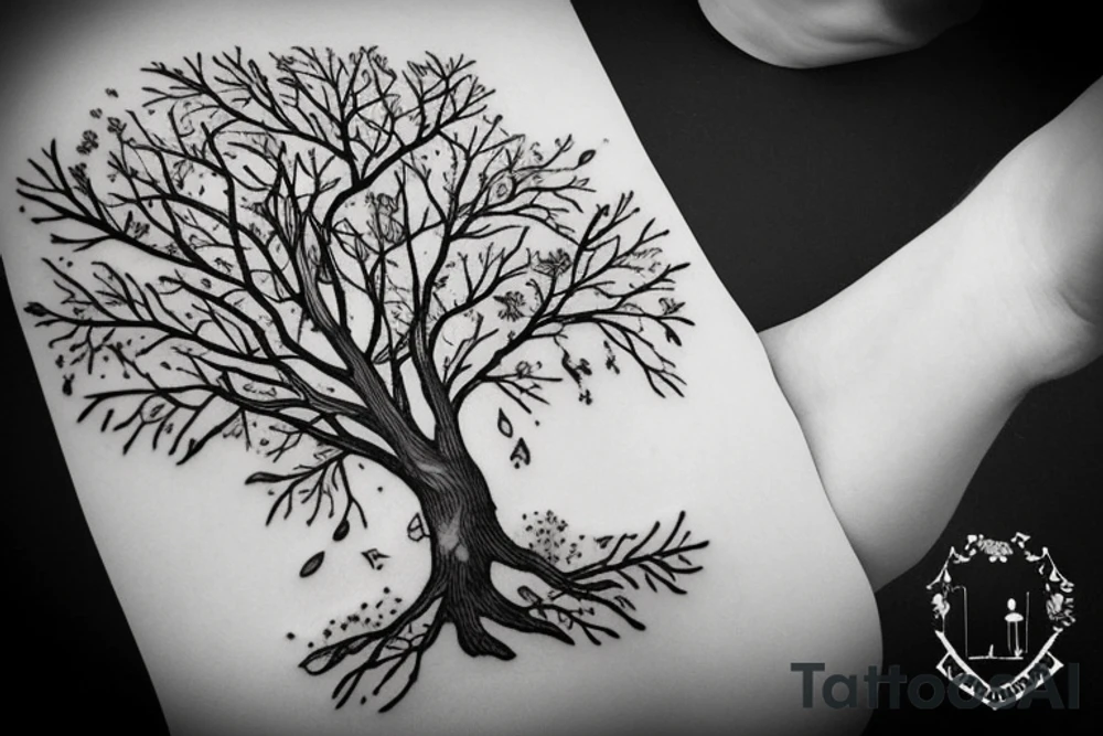 un grand arbre solitaire avec des branches étendues et feuillues, symbolisant la stabilité et l'enracinement. L'arbre est entouré de fleurs colorées, représentant la beauté et la diversité de la vie tattoo idea