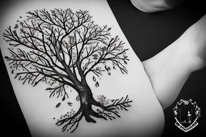 un grand arbre solitaire avec des branches étendues et feuillues, symbolisant la stabilité et l'enracinement. L'arbre est entouré de fleurs colorées, représentant la beauté et la diversité de la vie tattoo idea