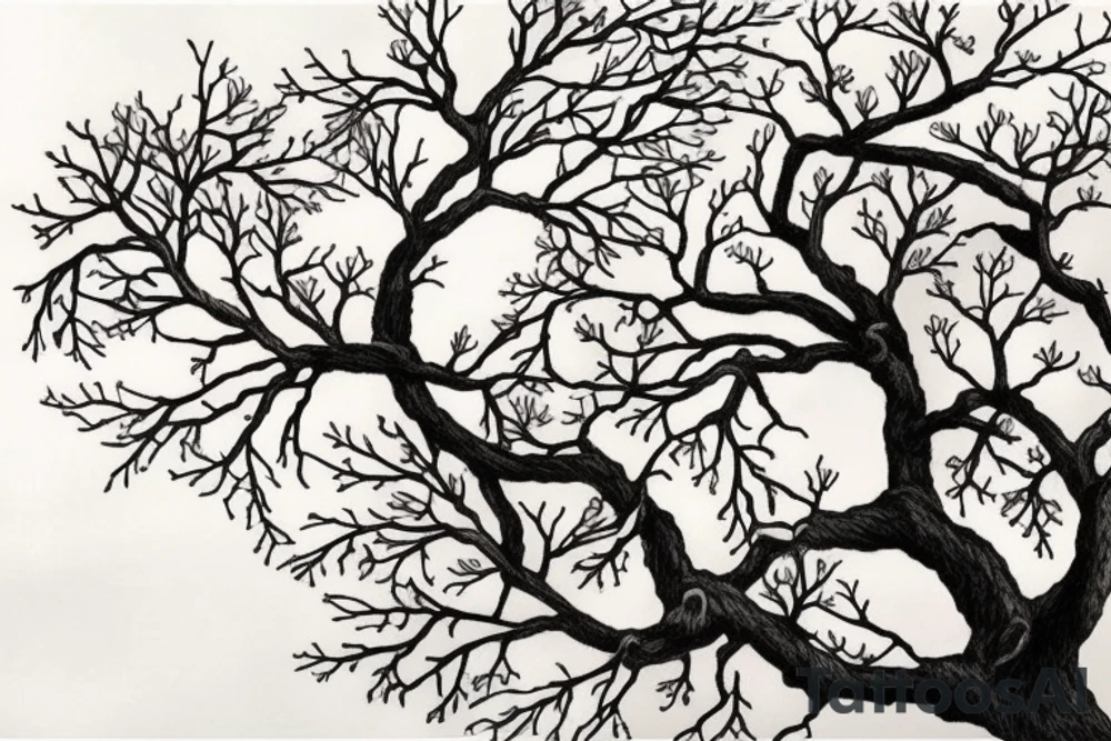 un grand arbre solitaire avec des branches étendues et feuillues, symbolisant la stabilité et l'enracinement. L'arbre est entouré de fleurs colorées, représentant la beauté et la diversité de la vie tattoo idea