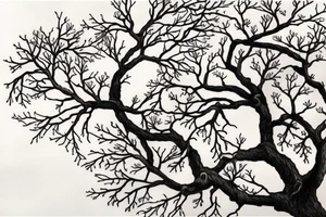un grand arbre solitaire avec des branches étendues et feuillues, symbolisant la stabilité et l'enracinement. L'arbre est entouré de fleurs colorées, représentant la beauté et la diversité de la vie tattoo idea