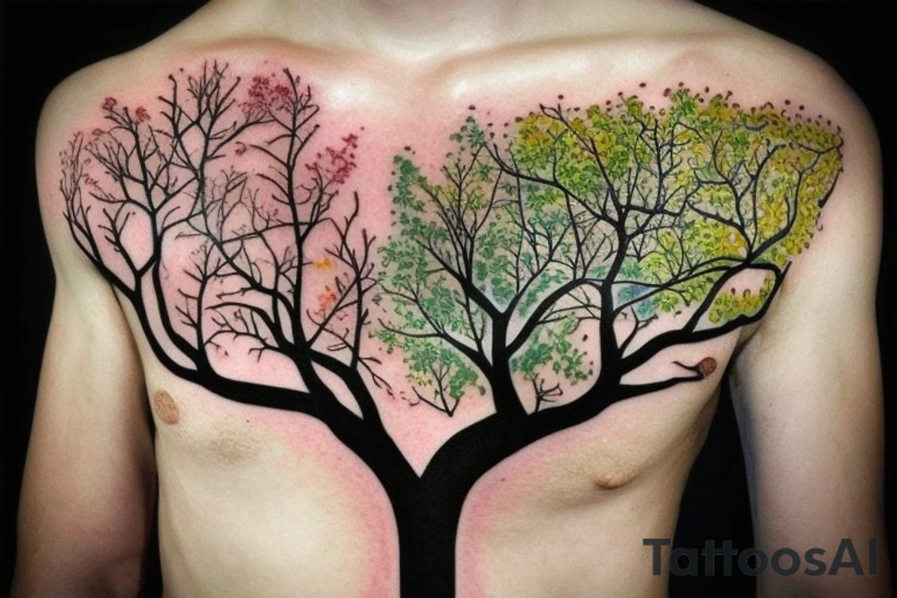 un grand arbre solitaire avec des branches étendues et feuillues, symbolisant la stabilité et l'enracinement. L'arbre est entouré de fleurs colorées, représentant la beauté et la diversité de la vie tattoo idea