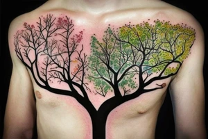un grand arbre solitaire avec des branches étendues et feuillues, symbolisant la stabilité et l'enracinement. L'arbre est entouré de fleurs colorées, représentant la beauté et la diversité de la vie tattoo idea