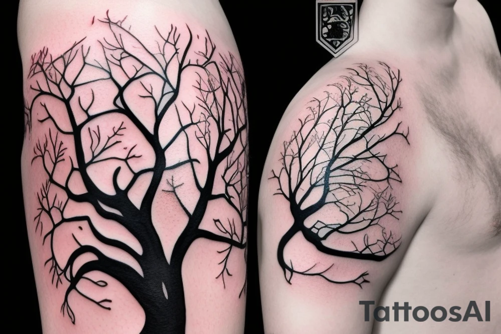 un grand arbre solitaire avec des branches étendues et feuillues, symbolisant la stabilité et l'enracinement. L'arbre est entouré de fleurs colorées, représentant la beauté et la diversité de la vie tattoo idea