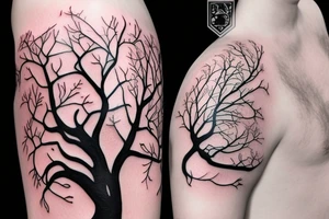 un grand arbre solitaire avec des branches étendues et feuillues, symbolisant la stabilité et l'enracinement. L'arbre est entouré de fleurs colorées, représentant la beauté et la diversité de la vie tattoo idea